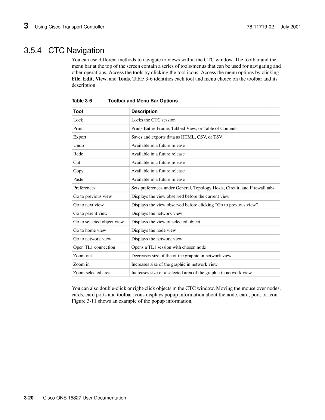 Cisco Systems ONS 15327 manual CTC Navigation, Toolbar and Menu Bar Options, Tool Description 