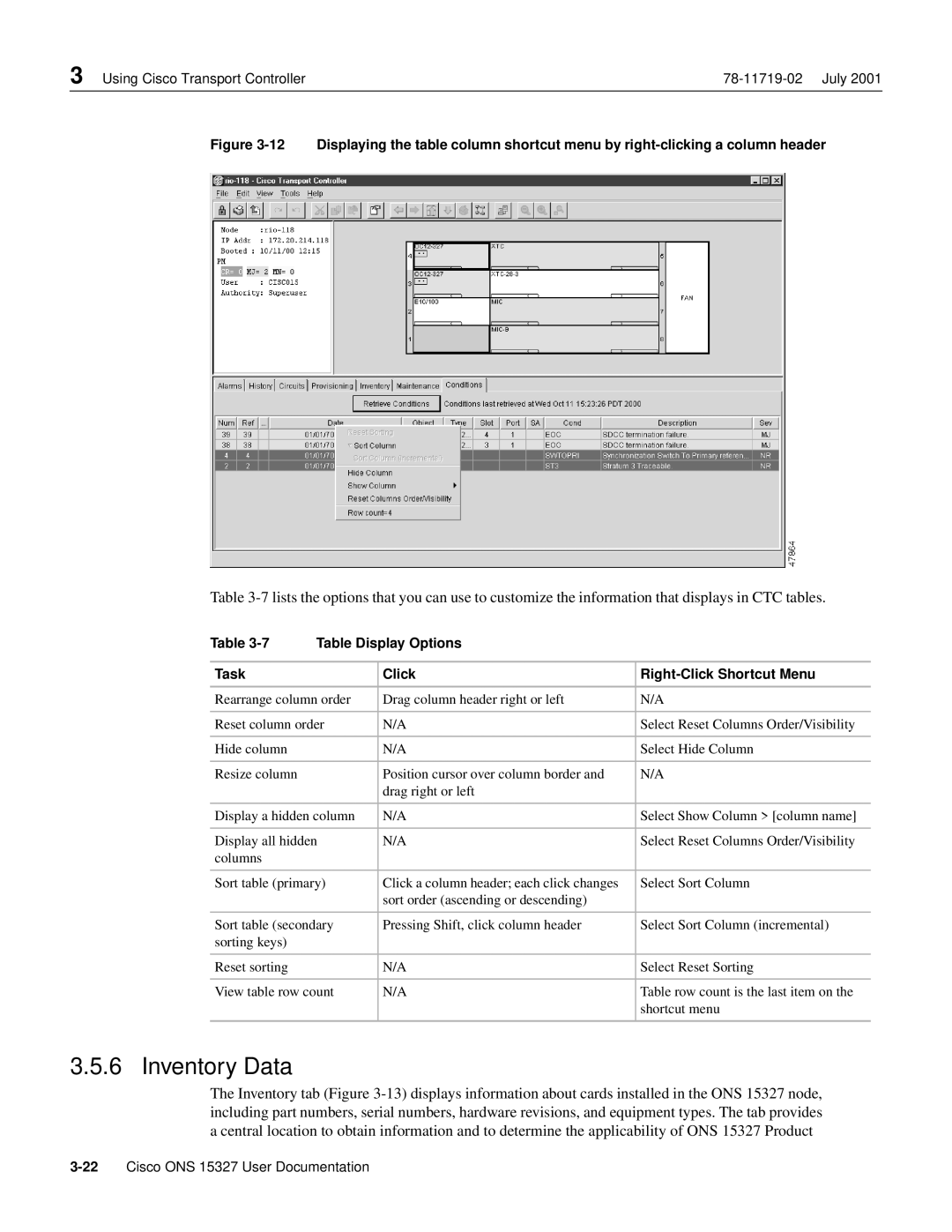 Cisco Systems ONS 15327 manual Inventory Data, Table Display Options Task Click Right-Click Shortcut Menu 