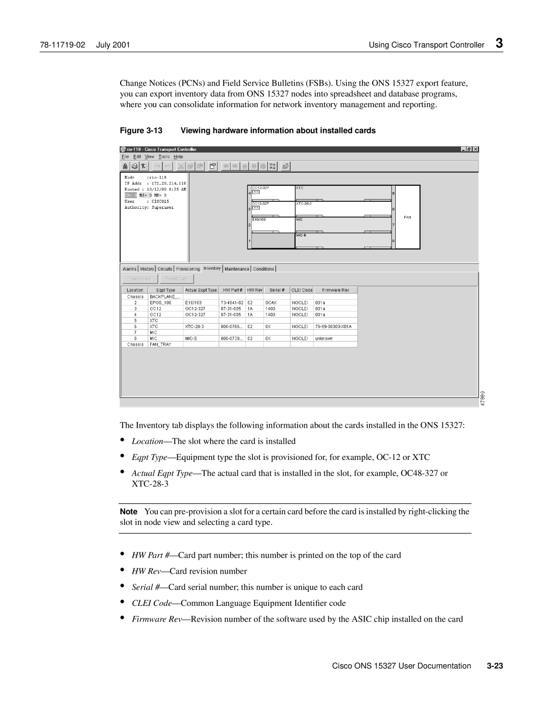 Cisco Systems ONS 15327 manual Viewing hardware information about installed cards 