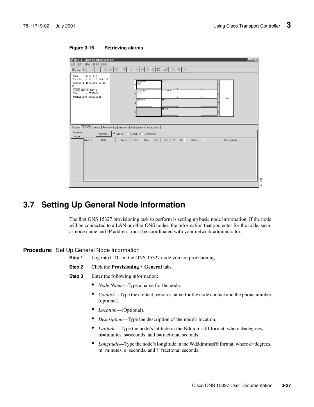 Cisco Systems ONS 15327 Setting Up General Node Information, Procedure Set Up General Node Information, Retrieving alarms 