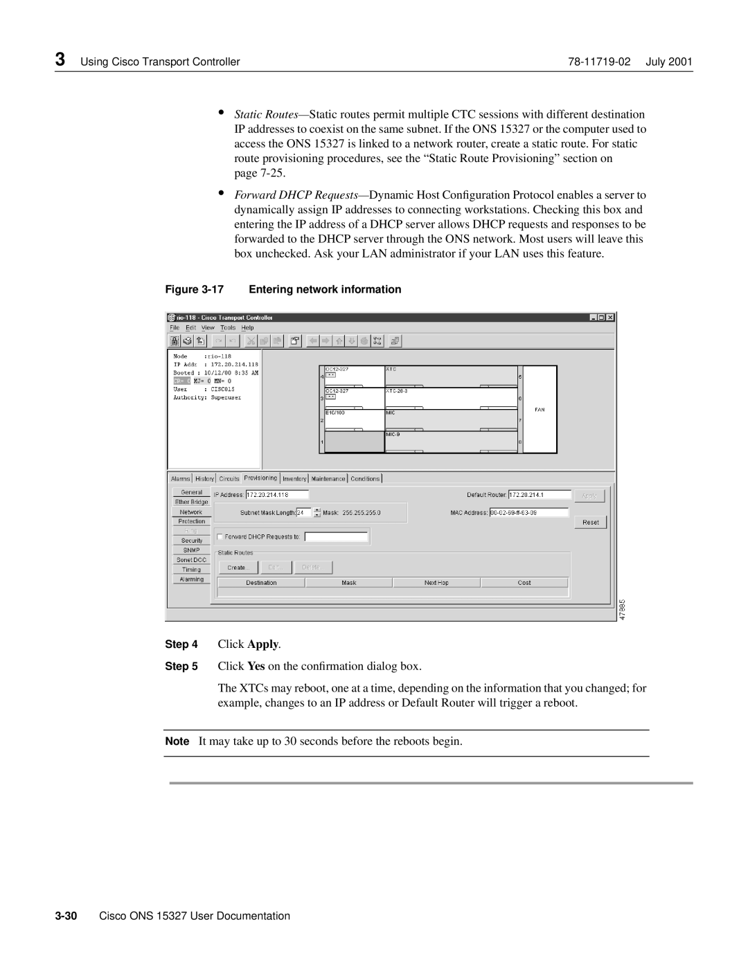 Cisco Systems ONS 15327 manual Entering network information Click Apply 