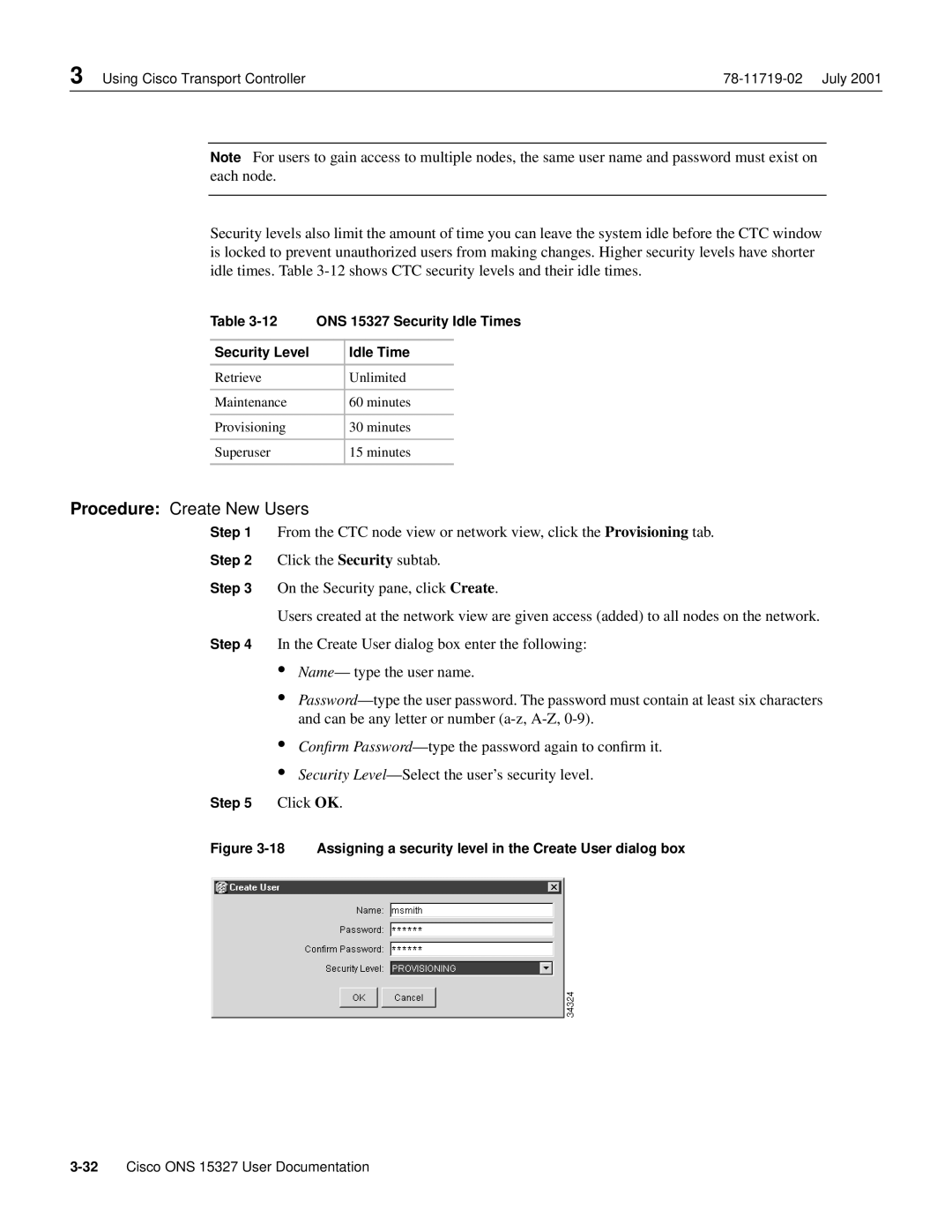 Cisco Systems manual Procedure Create New Users, ONS 15327 Security Idle Times, Security Level Idle Time, Click OK 