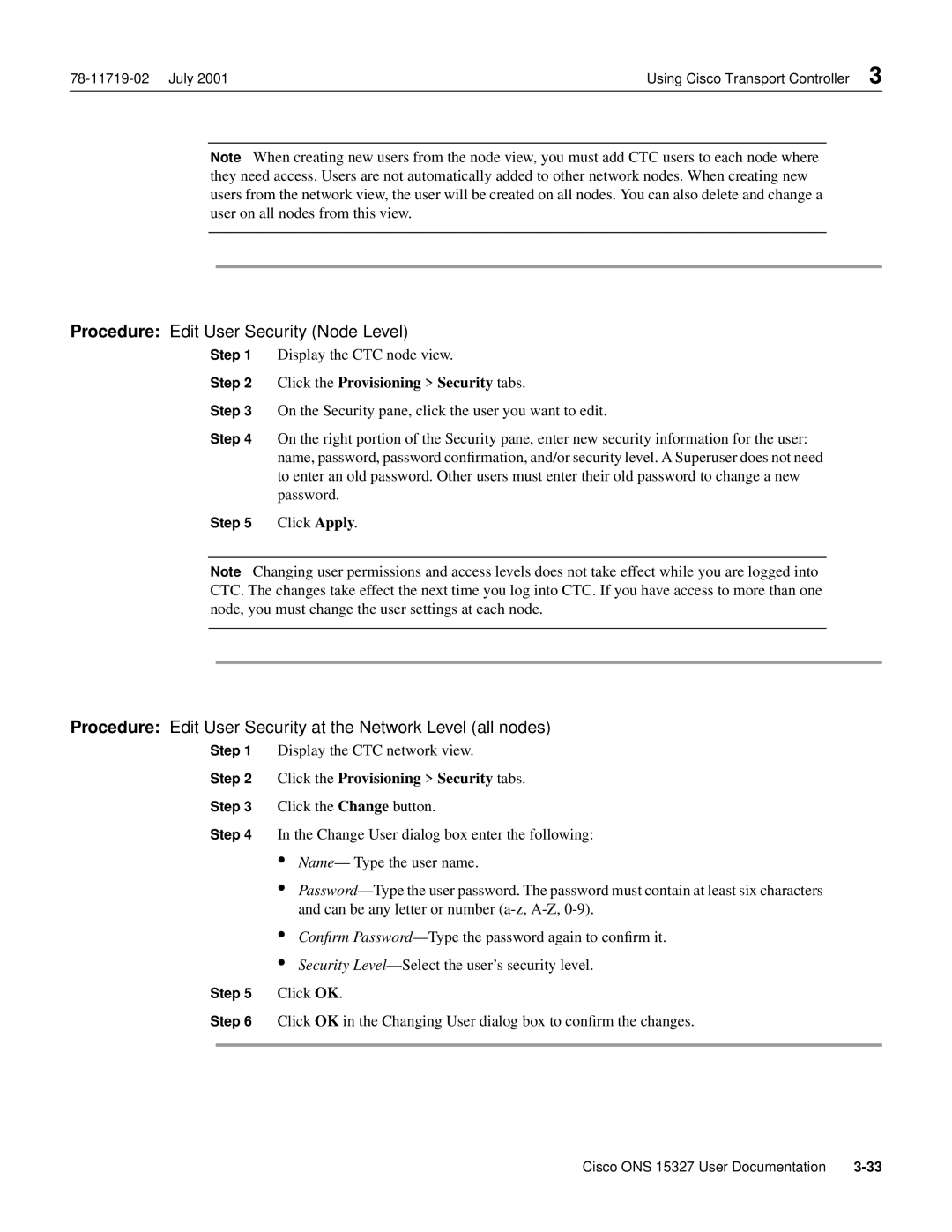 Cisco Systems ONS 15327 manual Procedure Edit User Security Node Level, Click the Provisioning Security tabs 