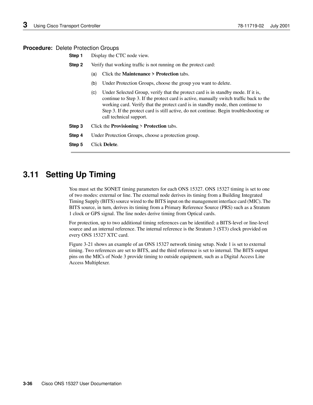 Cisco Systems ONS 15327 manual Setting Up Timing, Procedure Delete Protection Groups, Click the Maintenance Protection tabs 