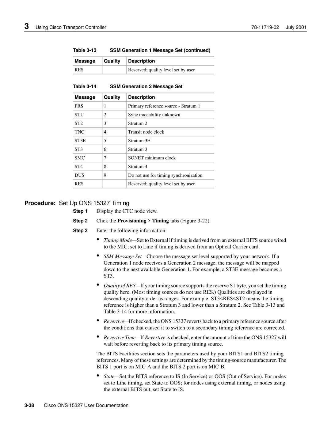 Cisco Systems manual Procedure Set Up ONS 15327 Timing, SSM Generation 2 Message Set 