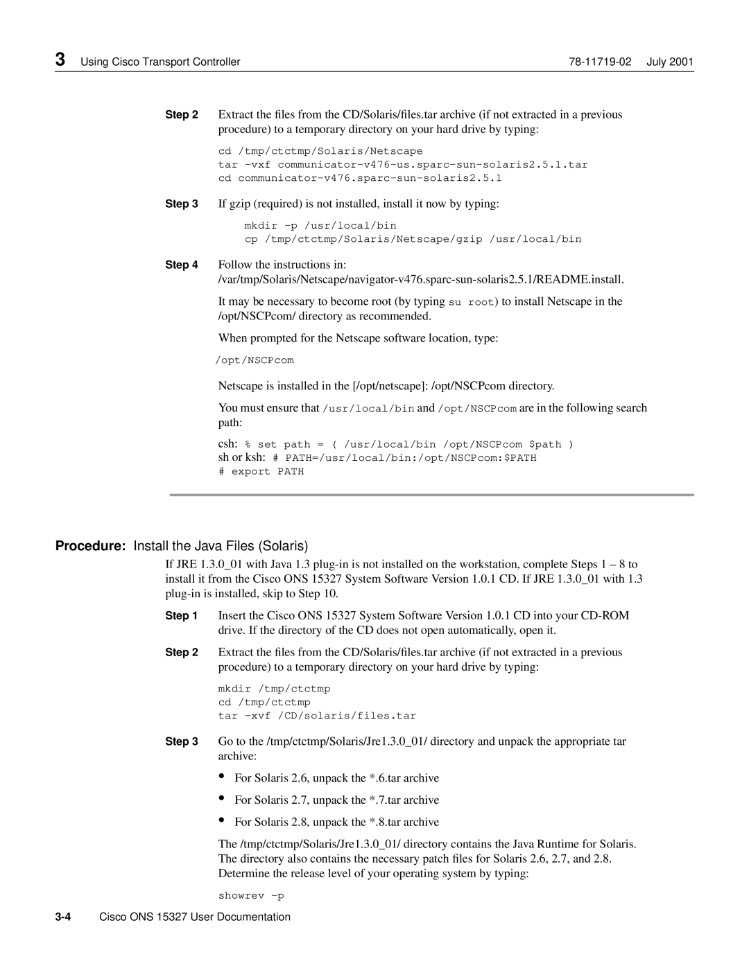 Cisco Systems ONS 15327 manual Procedure Install the Java Files Solaris 