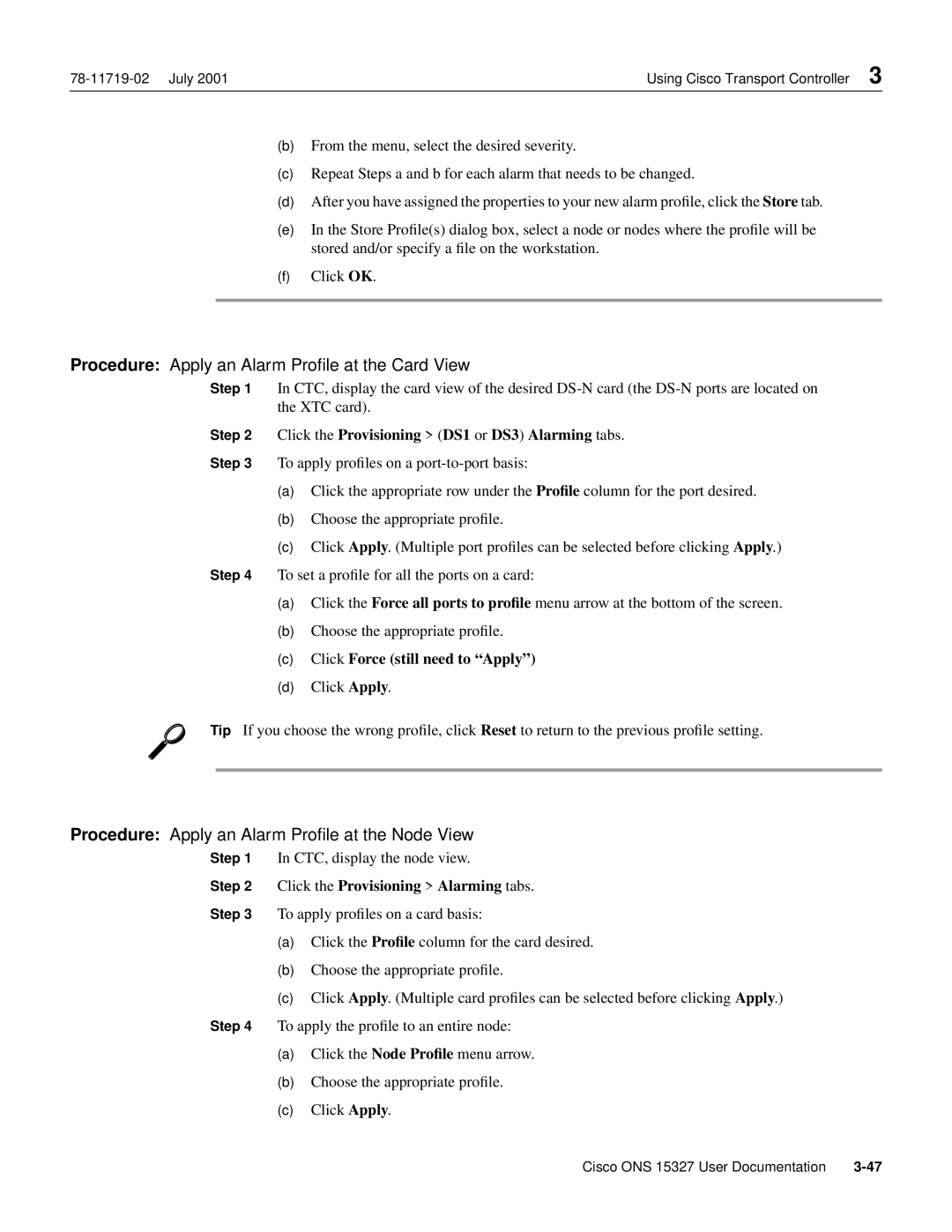 Cisco Systems ONS 15327 Procedure Apply an Alarm Proﬁle at the Card View, Procedure Apply an Alarm Proﬁle at the Node View 