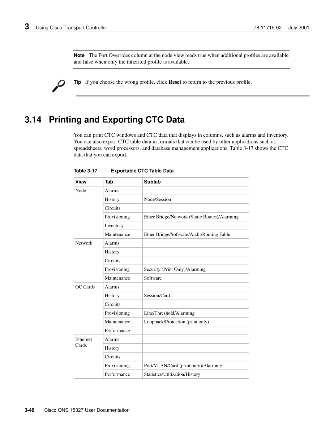 Cisco Systems ONS 15327 manual Printing and Exporting CTC Data, Exportable CTC Table Data, View Tab Subtab 