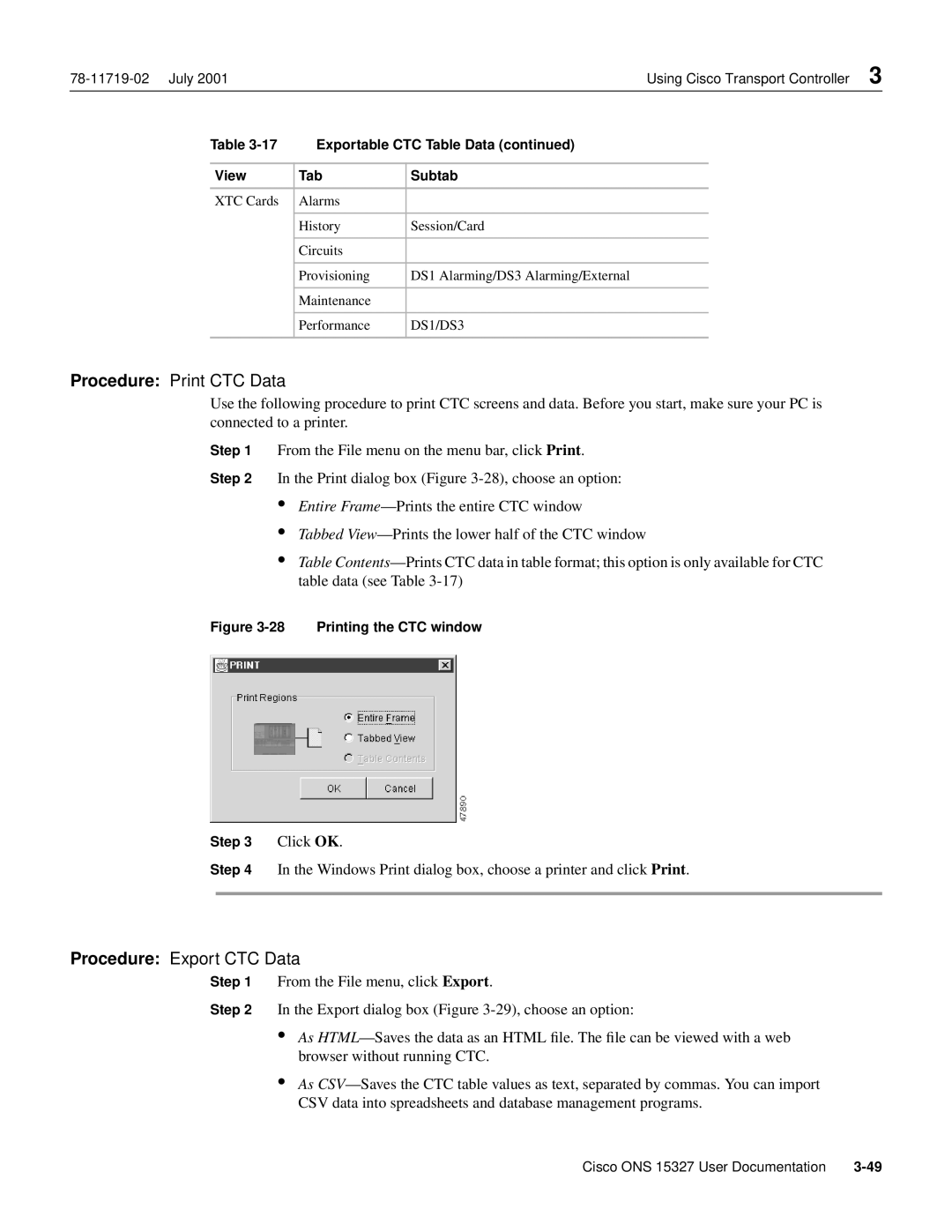 Cisco Systems ONS 15327 manual Procedure Print CTC Data, Procedure Export CTC Data 