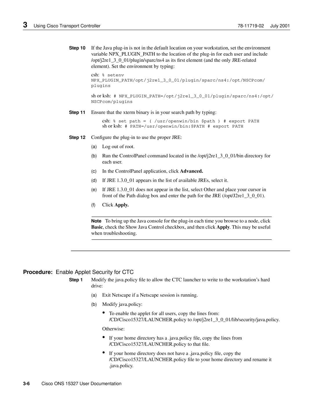 Cisco Systems ONS 15327 manual Procedure Enable Applet Security for CTC 