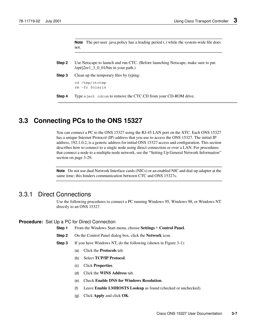 Cisco Systems ONS 15327 manual Connecting PCs to the ONS, Direct Connections, Procedure Set Up a PC for Direct Connection 