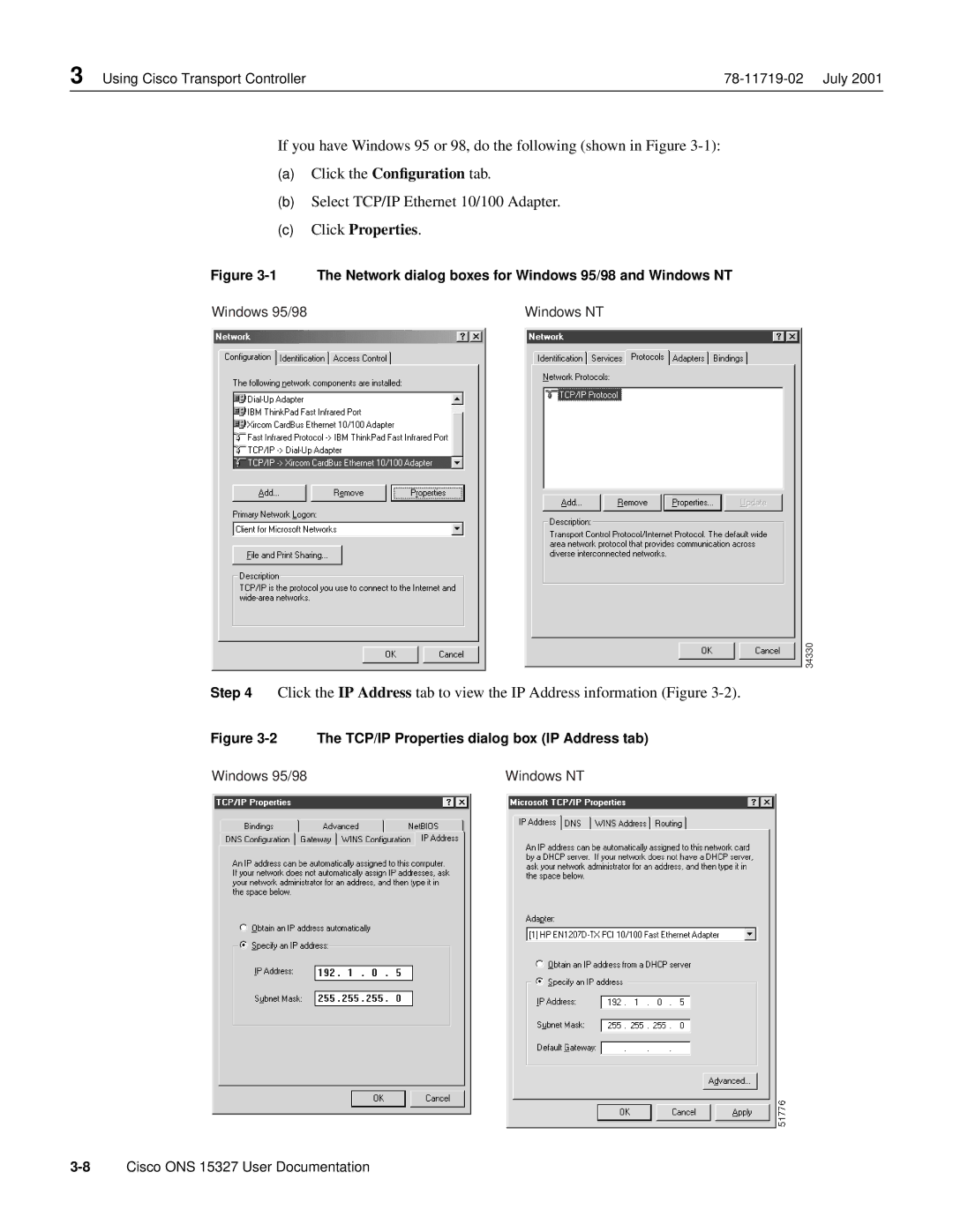 Cisco Systems ONS 15327 manual Network dialog boxes for Windows 95/98 and Windows NT 