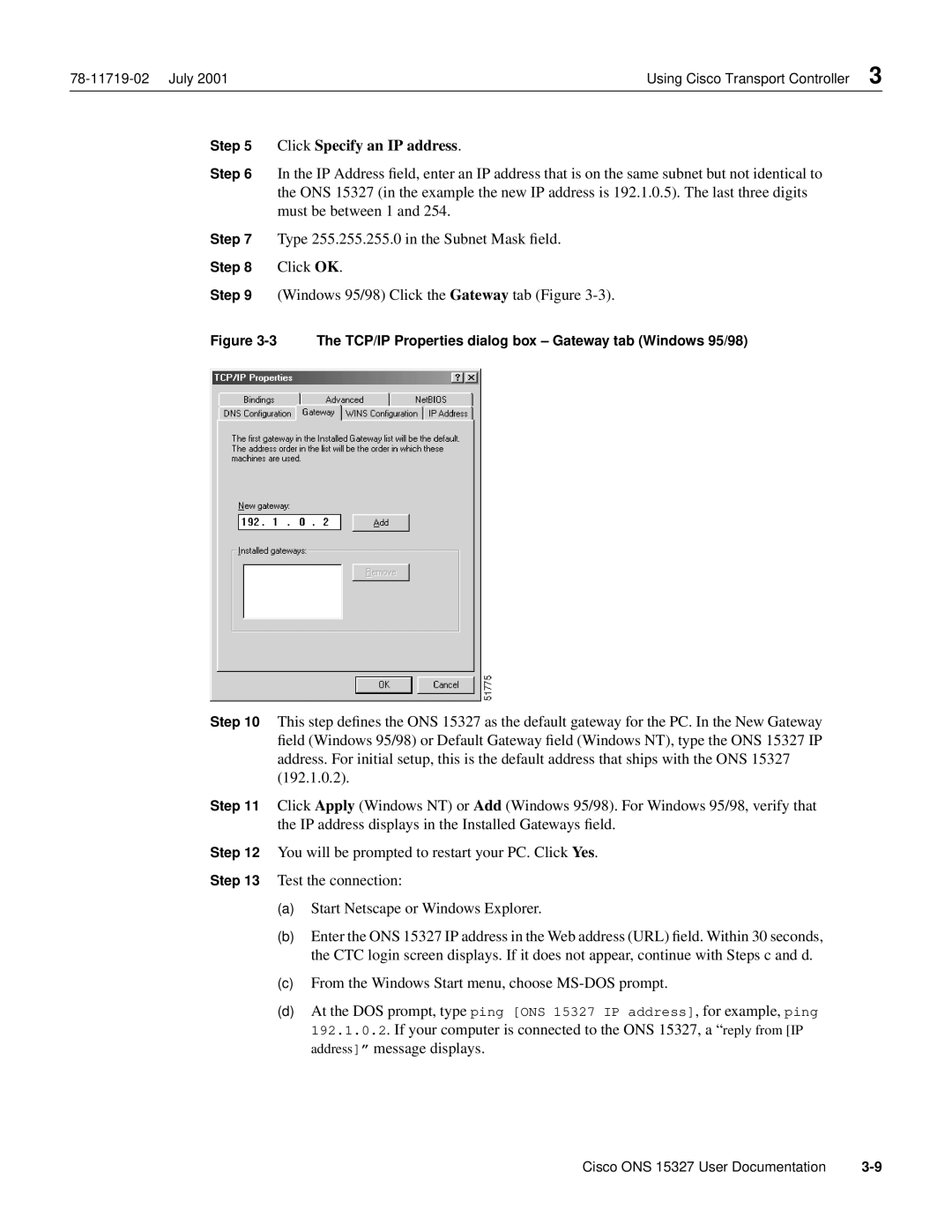 Cisco Systems ONS 15327 manual Click Specify an IP address, Step, TCP/IP Properties dialog box Gateway tab Windows 95/98 