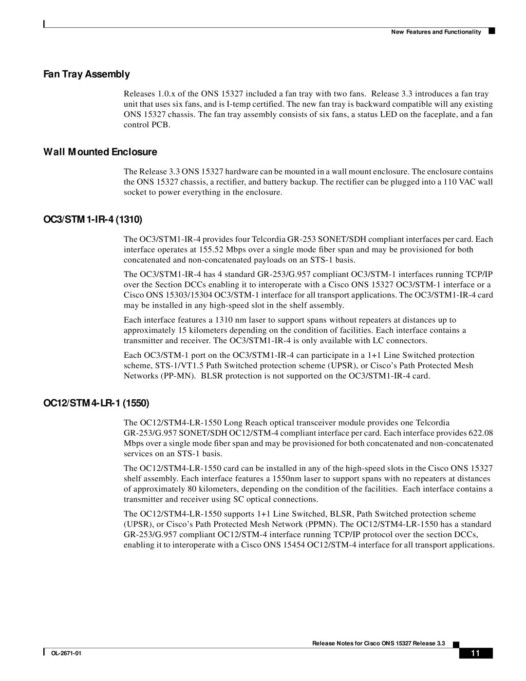 Cisco Systems ONS 15327 manual Fan Tray Assembly, Wall Mounted Enclosure, OC3/STM1-IR-4, OC12/STM4-LR-1 