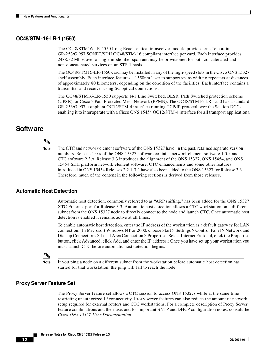 Cisco Systems ONS 15327 manual Software, OC48/STM-16-LR-1, Automatic Host Detection, Proxy Server Feature Set 