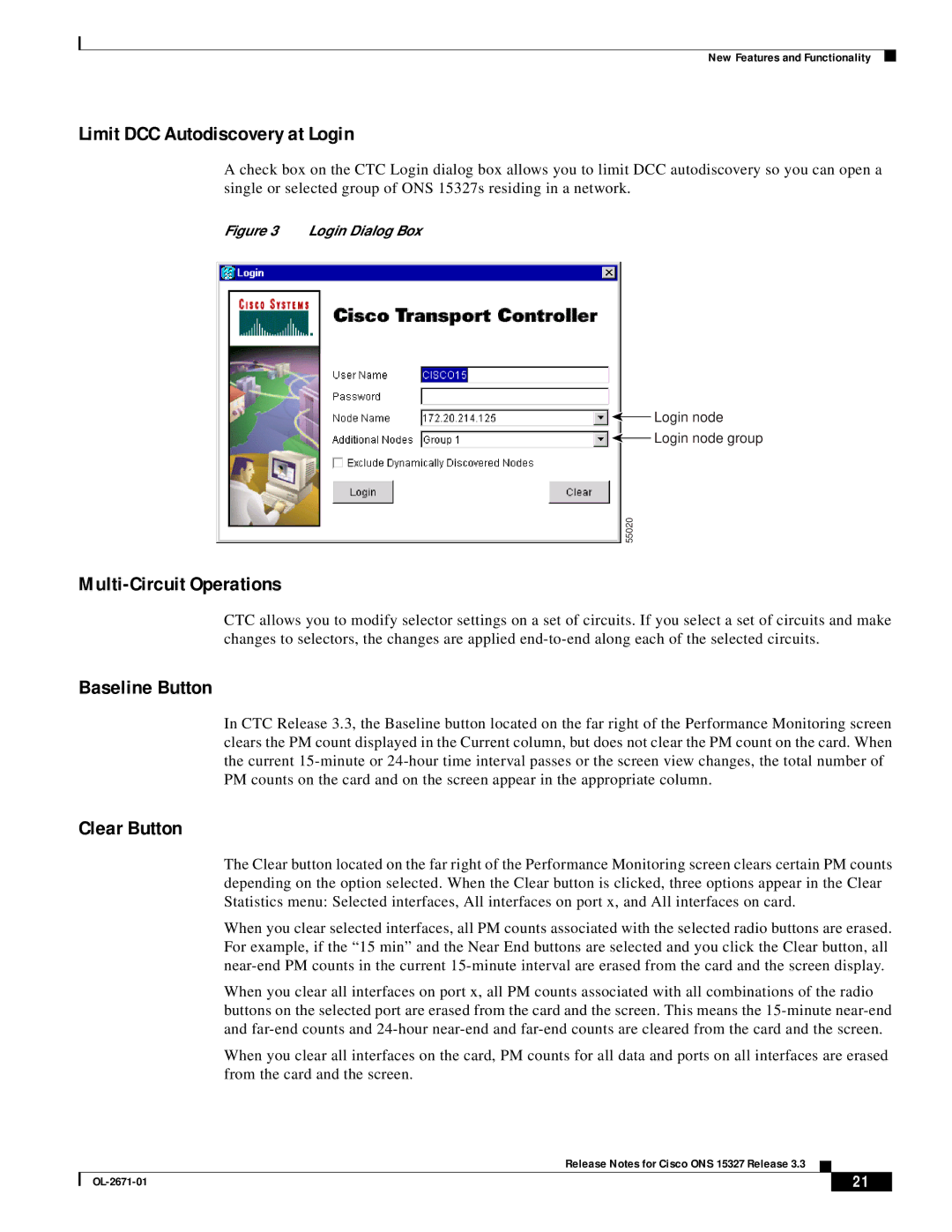 Cisco Systems ONS 15327 manual Limit DCC Autodiscovery at Login, Multi-Circuit Operations, Baseline Button, Clear Button 