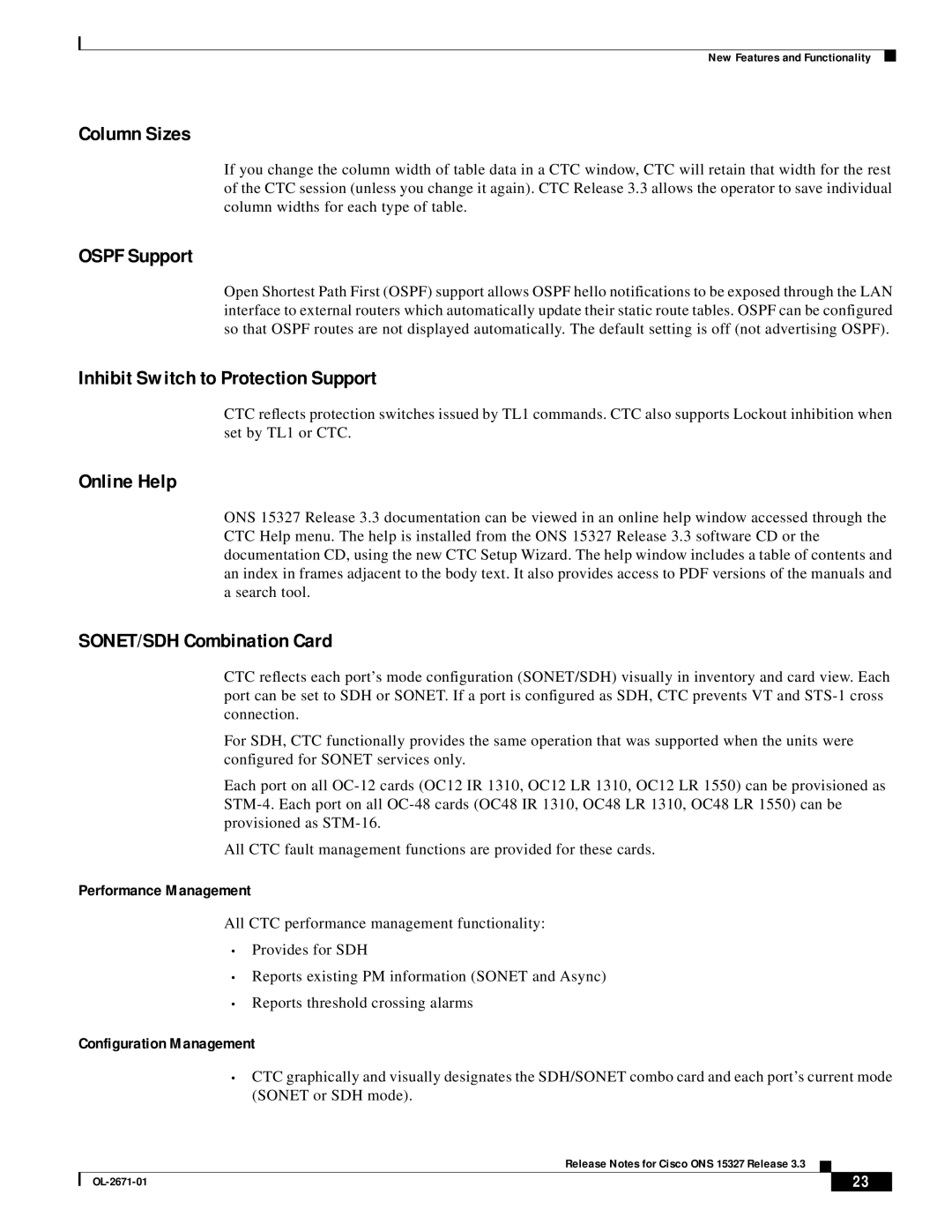 Cisco Systems ONS 15327 manual Column Sizes, Ospf Support, Inhibit Switch to Protection Support 