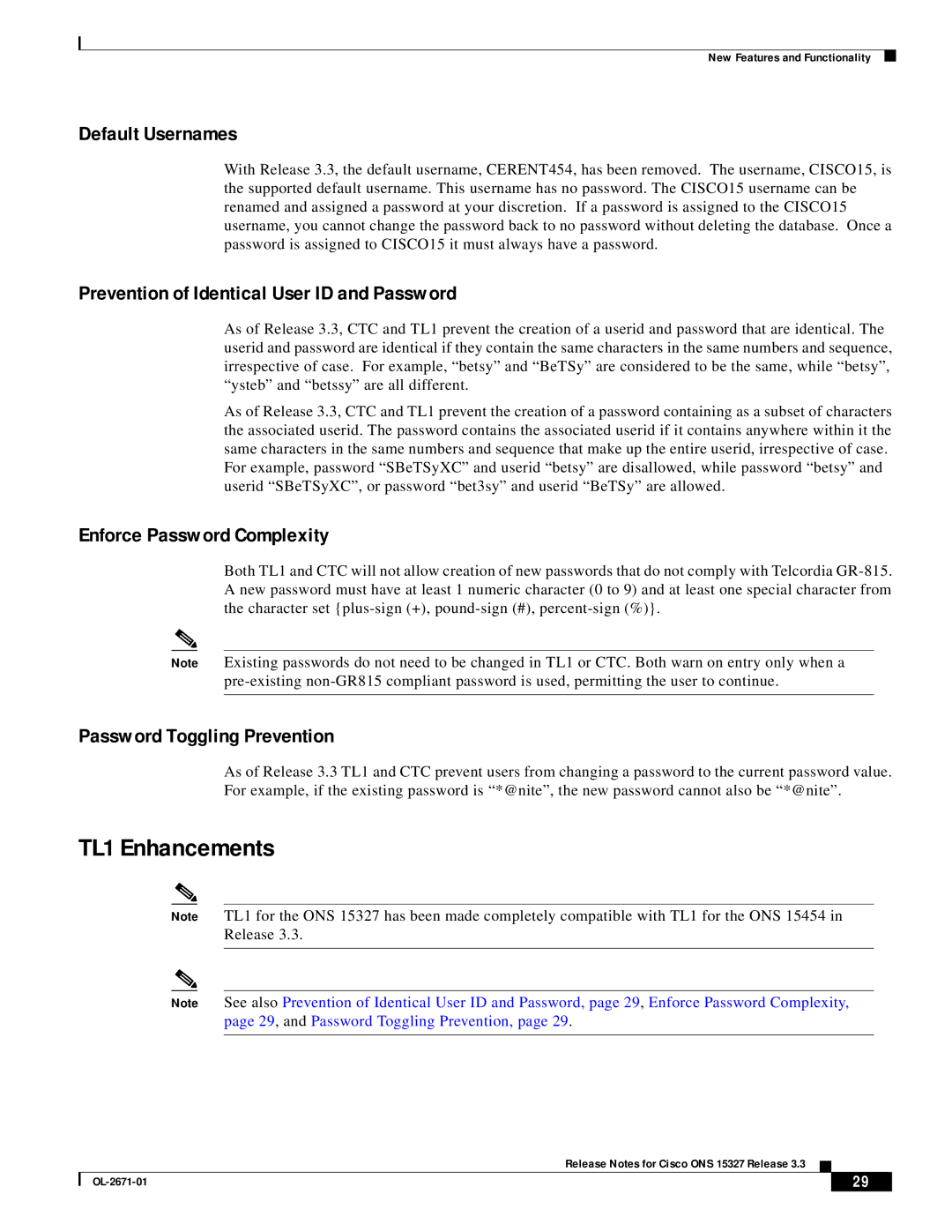 Cisco Systems ONS 15327 manual TL1 Enhancements, Default Usernames, Prevention of Identical User ID and Password 