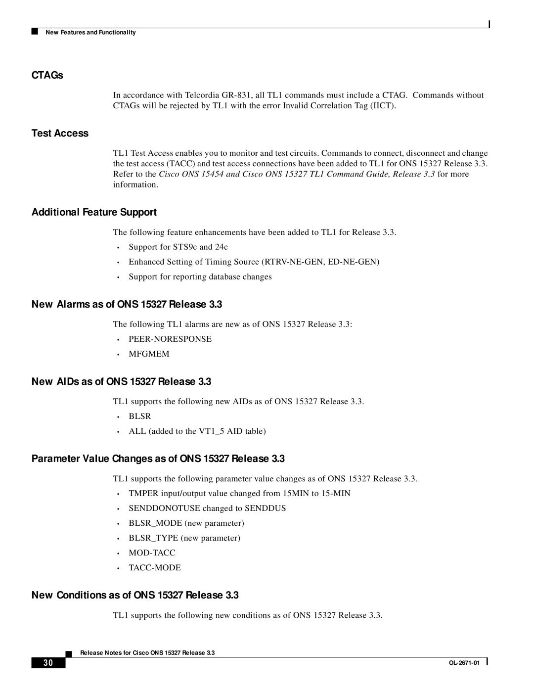 Cisco Systems manual CTAGs, Test Access, Additional Feature Support, New Alarms as of ONS 15327 Release 