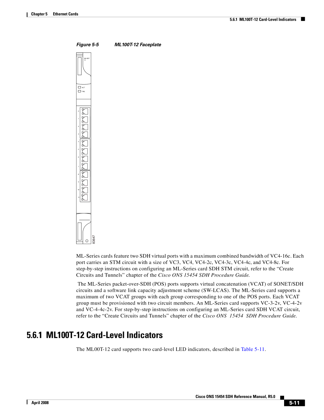 Cisco Systems ONS 15454 SDH specifications 1 ML100T-12 Card-Level Indicators, ML100T-12 Faceplate 