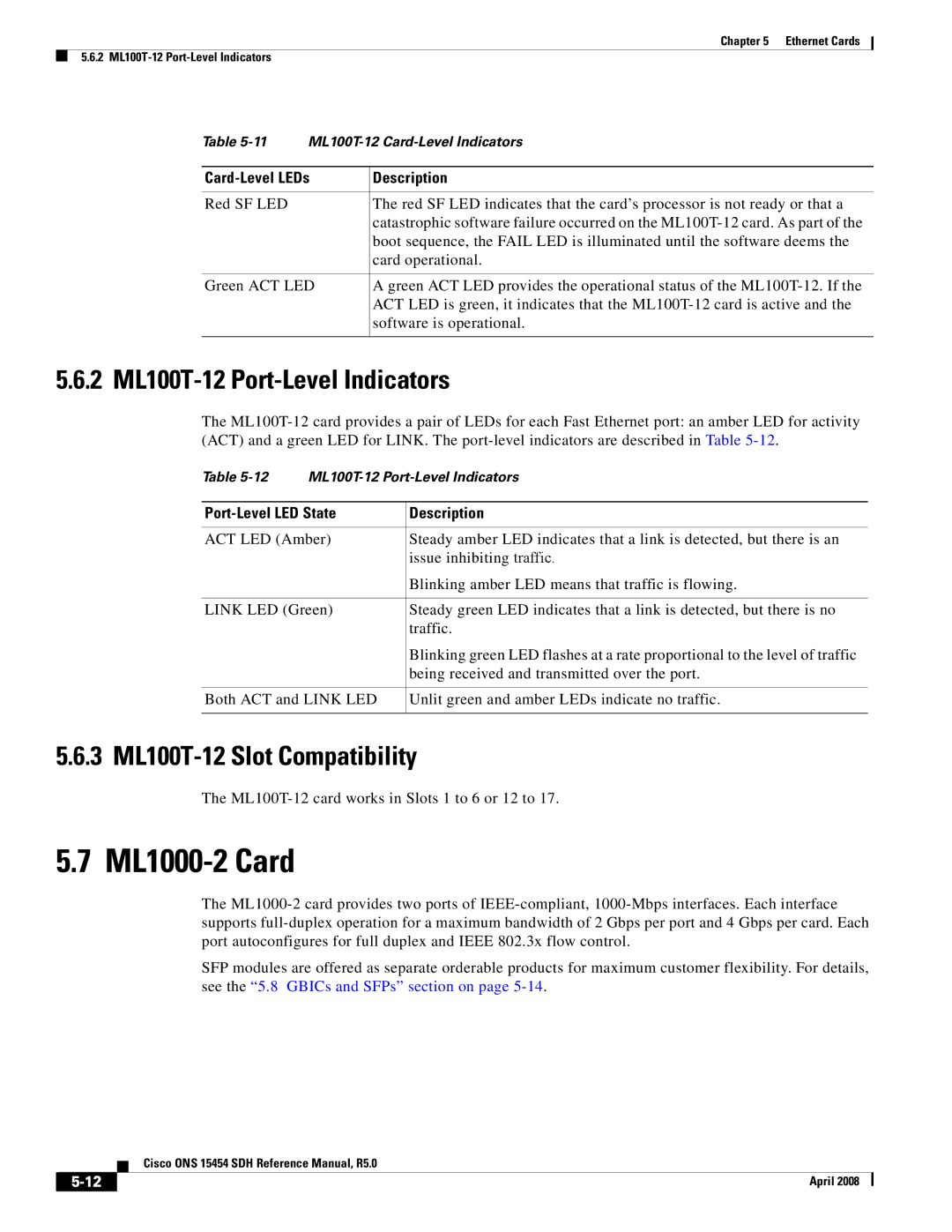 Cisco Systems ONS 15454 SDH specifications ML1000-2 Card, 2 ML100T-12 Port-Level Indicators, 3 ML100T-12 Slot Compatibility 