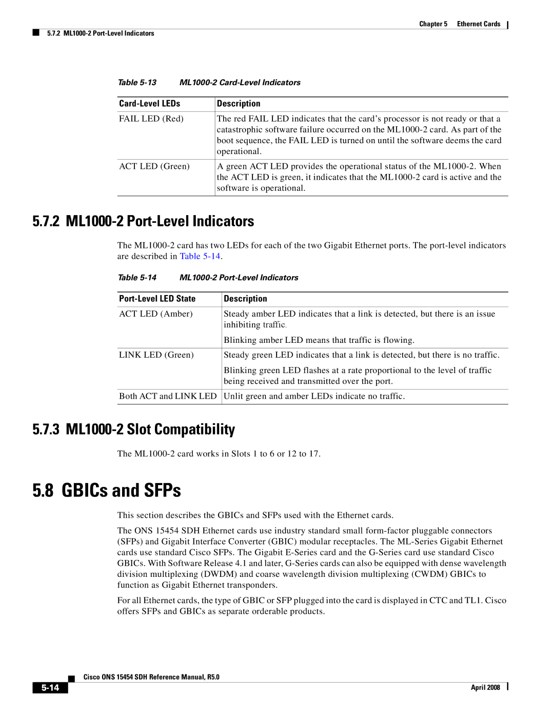 Cisco Systems ONS 15454 SDH specifications GBICs and SFPs, 2 ML1000-2 Port-Level Indicators, 3 ML1000-2 Slot Compatibility 