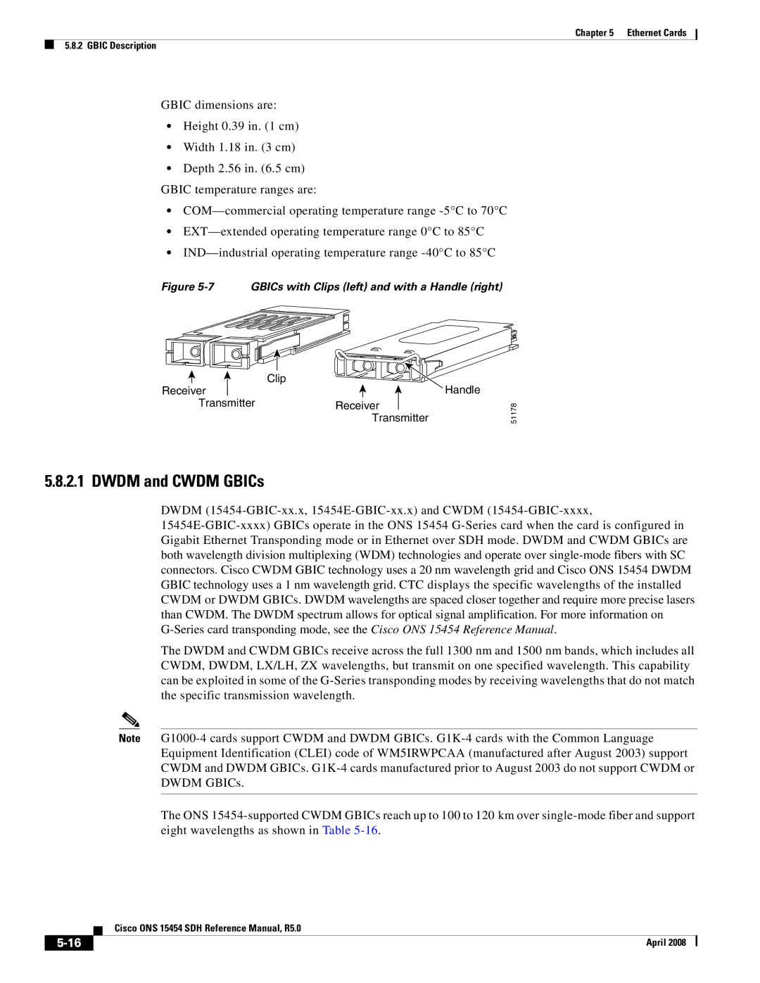 Cisco Systems ONS 15454 SDH specifications Dwdm and Cwdm GBICs 