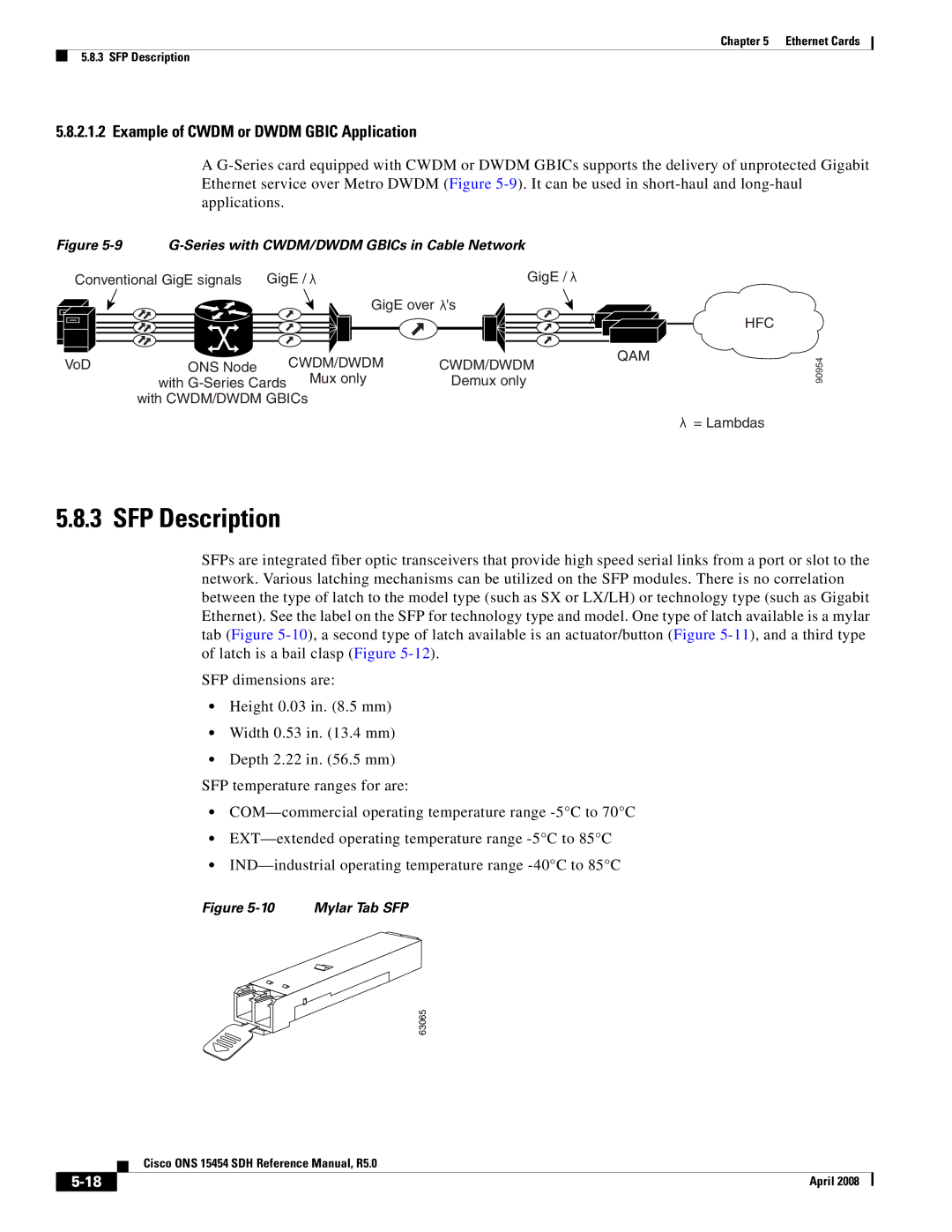 Cisco Systems ONS 15454 SDH specifications SFP Description, Example of Cwdm or Dwdm Gbic Application 