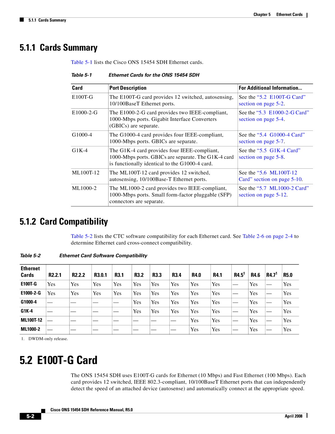 Cisco Systems ONS 15454 SDH specifications E100T-G Card, Cards Summary, Card Compatibility 