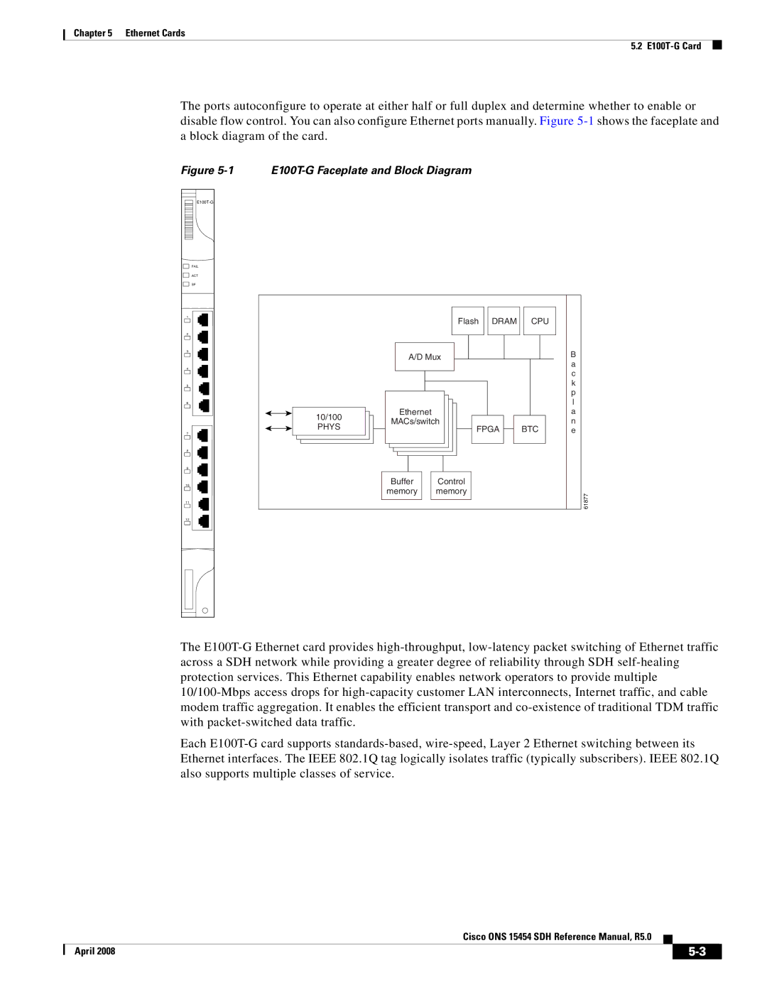 Cisco Systems ONS 15454 SDH specifications E100T-G Faceplate and Block Diagram 