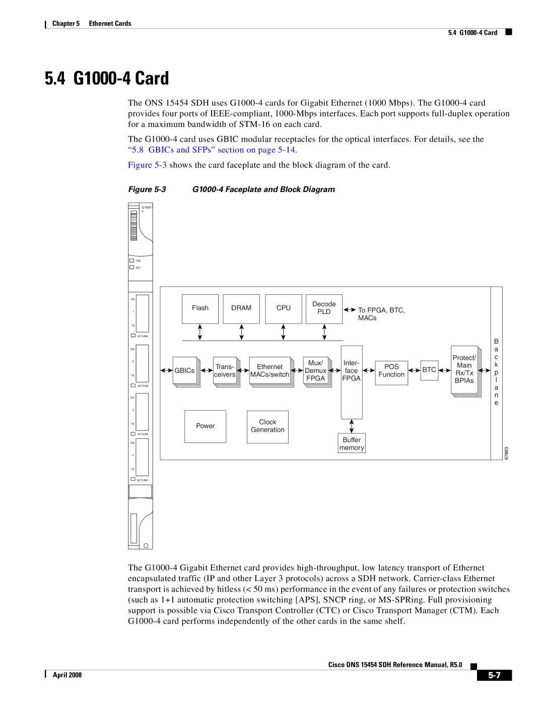 Cisco Systems ONS 15454 SDH specifications G1000-4 Card, 3shows the card faceplate and the block diagram of the card 