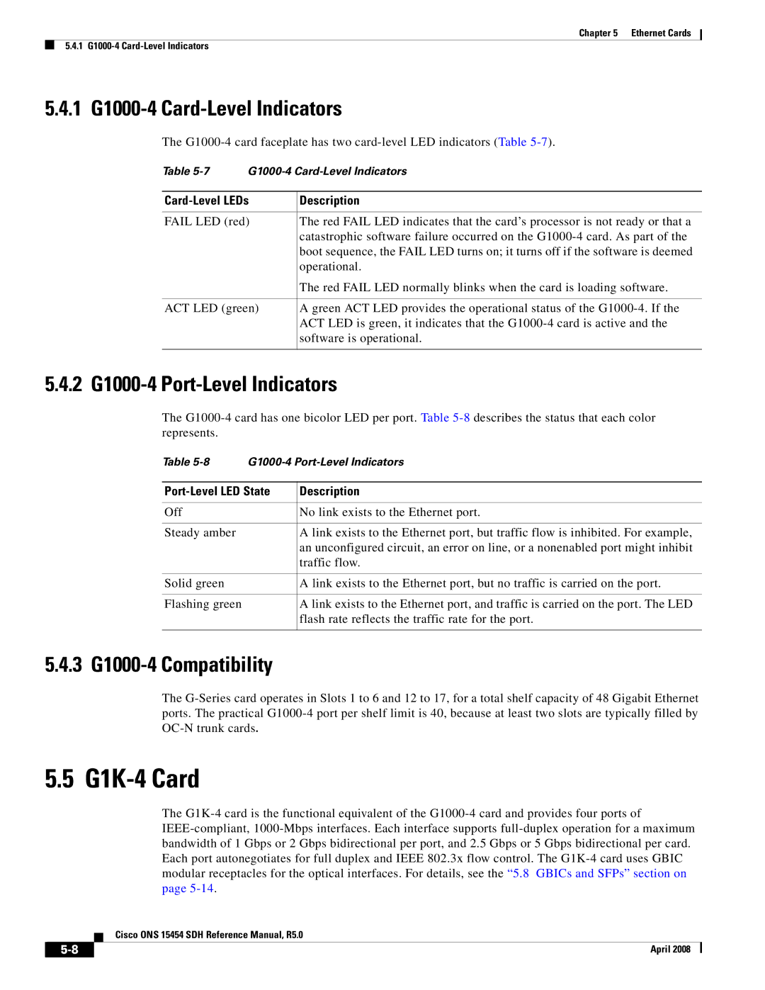 Cisco Systems ONS 15454 SDH specifications G1K-4 Card, 1 G1000-4 Card-Level Indicators, 2 G1000-4 Port-Level Indicators 