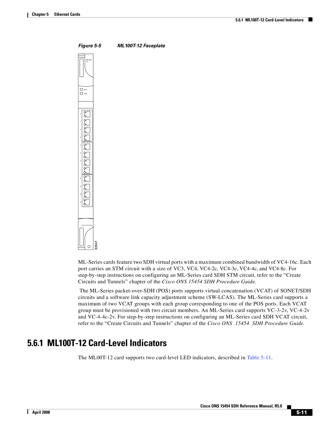 Cisco Systems ONS 15454 SDH specifications 5.6.1 ML100T-12 Card-LevelIndicators, 5-11, 5 ML100T-12Faceplate 