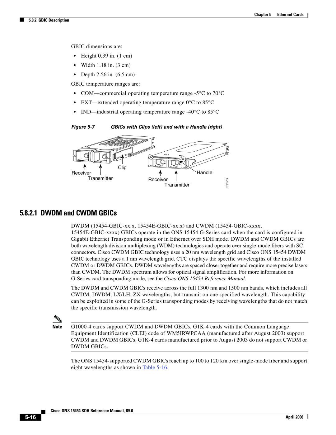 Cisco Systems ONS 15454 SDH specifications 5-16, DWDM and CWDM GBICs 