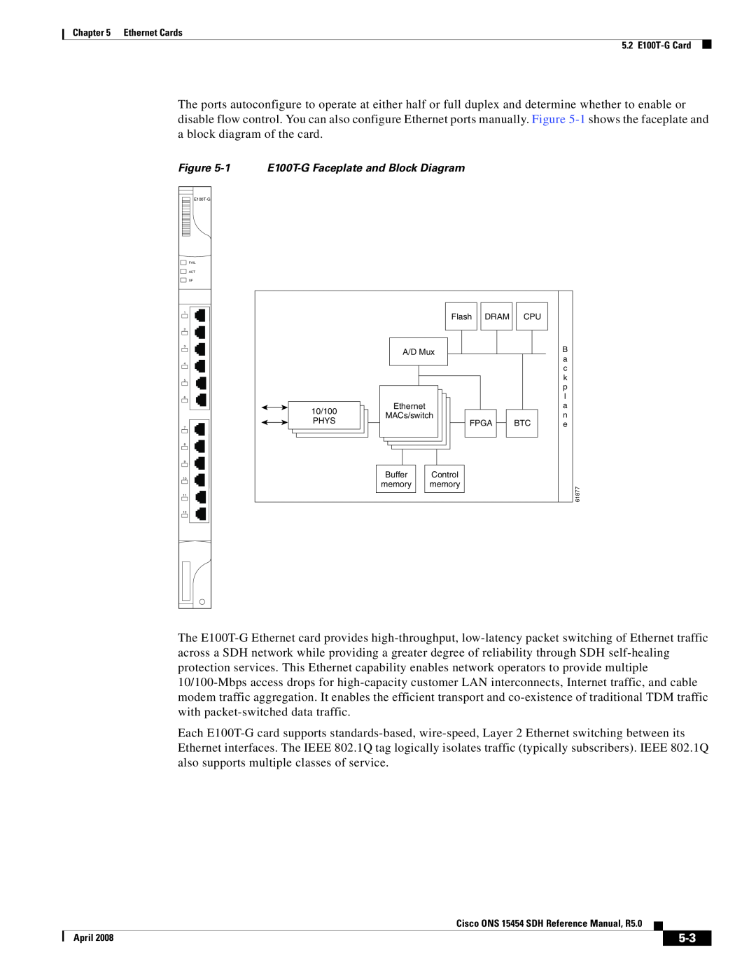 Cisco Systems ONS 15454 SDH specifications 1 E100T-GFaceplate and Block Diagram, Ethernet Cards 5.2 E100T-GCard, April 