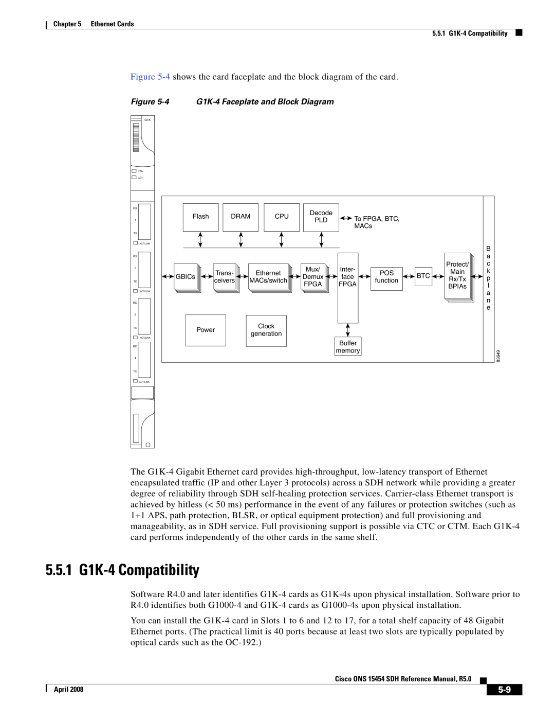 Cisco Systems ONS 15454 SDH specifications 5.5.1 G1K-4Compatibility, 4 G1K-4Faceplate and Block Diagram 