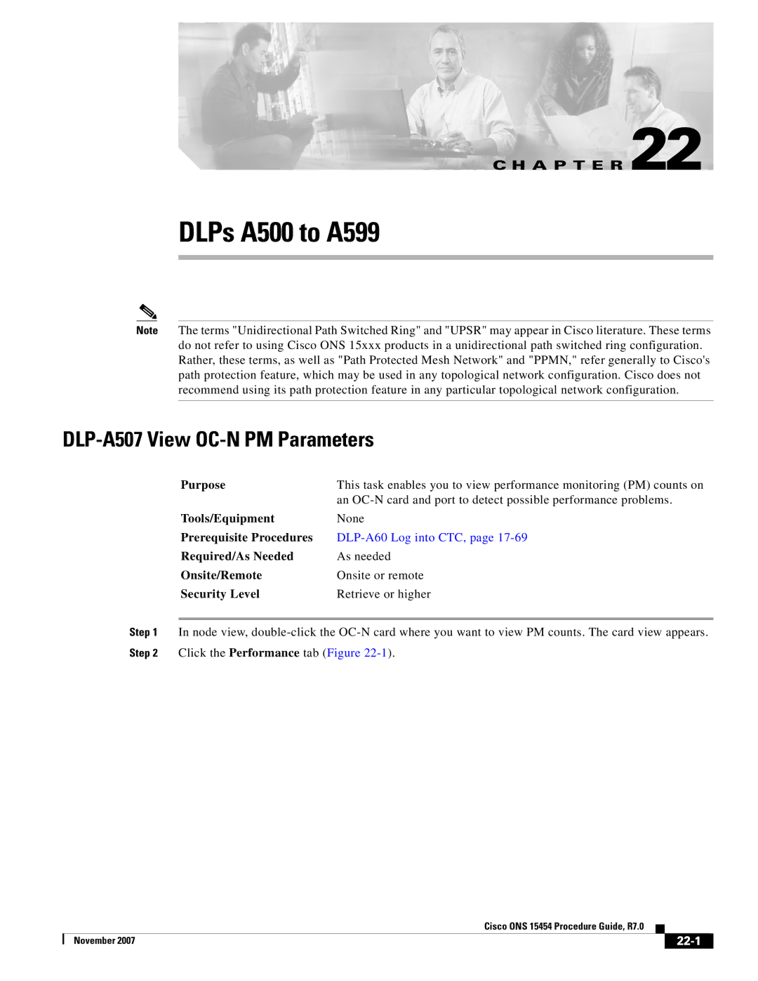 Cisco Systems ONS 15454 manual DLP-A507 View OC-N PM Parameters, 22-1 