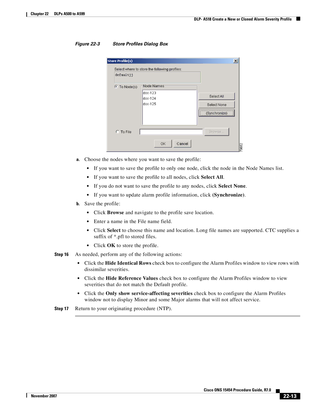 Cisco Systems ONS 15454 manual 22-13, Store Profiles Dialog Box 