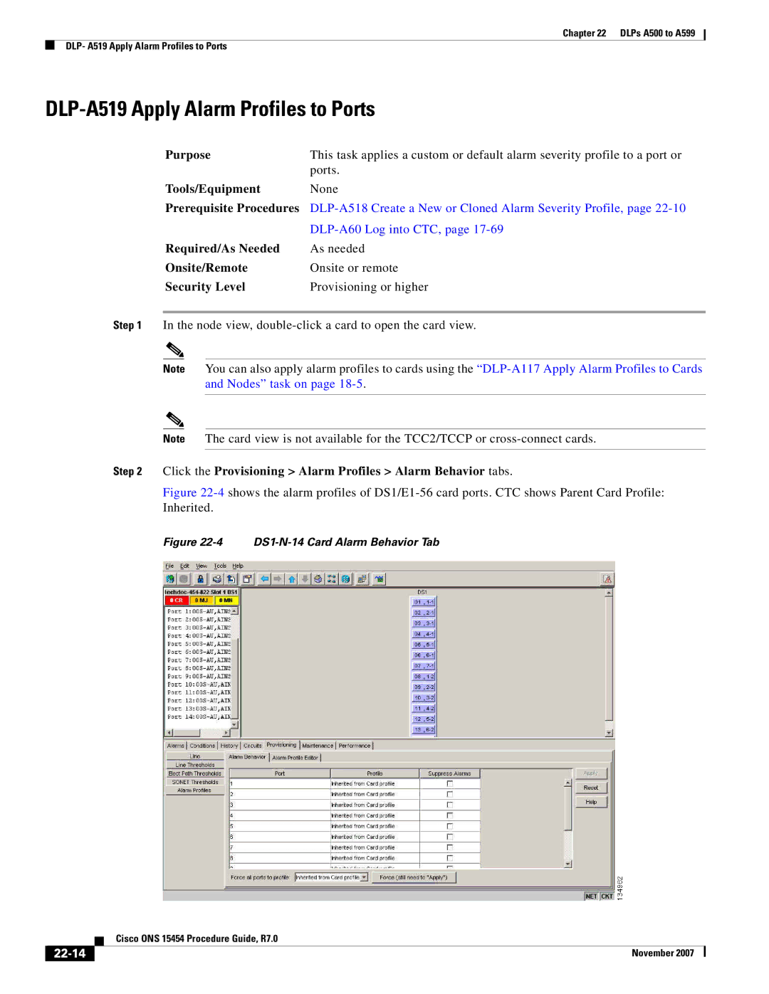 Cisco Systems ONS 15454 DLP-A519 Apply Alarm Profiles to Ports, Click the Provisioning Alarm Profiles Alarm Behavior tabs 