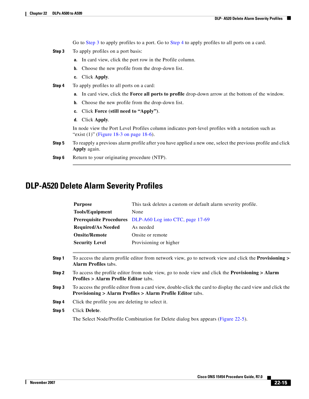 Cisco Systems ONS 15454 manual DLP-A520 Delete Alarm Severity Profiles, 22-15 