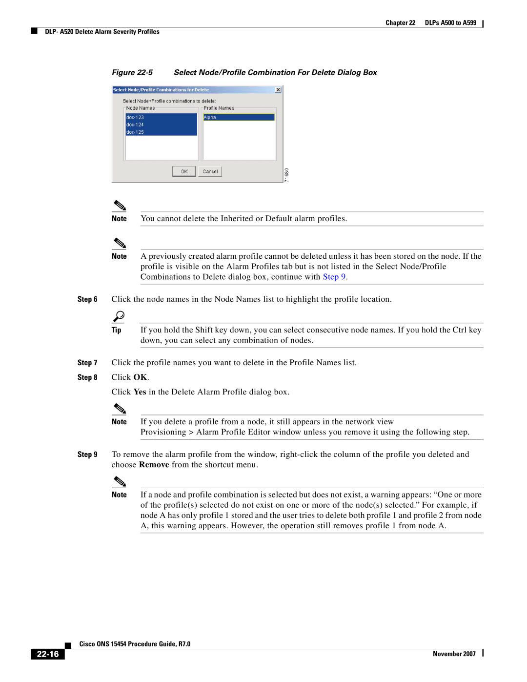 Cisco Systems ONS 15454 manual 22-16, Select Node/Profile Combination For Delete Dialog Box 