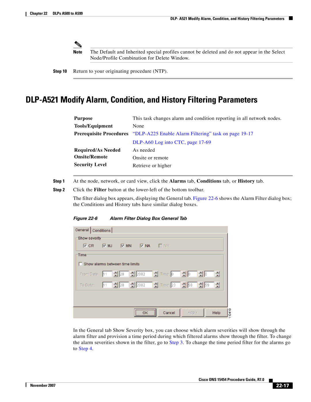 Cisco Systems ONS 15454 manual 22-17, Alarm Filter Dialog Box General Tab 