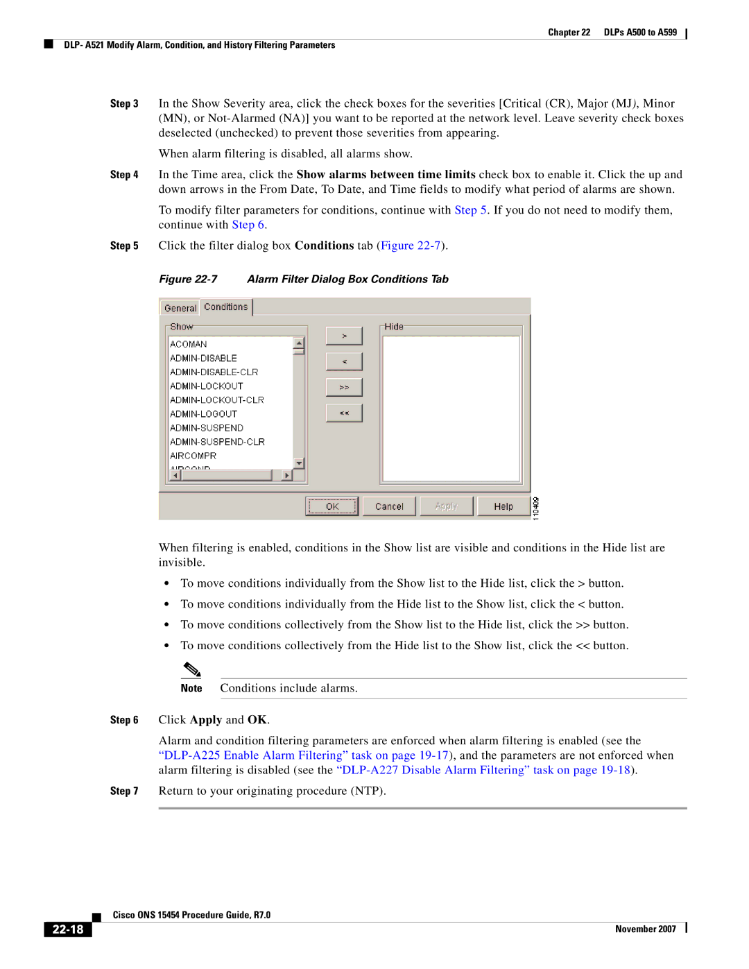 Cisco Systems ONS 15454 manual 22-18, Alarm Filter Dialog Box Conditions Tab 