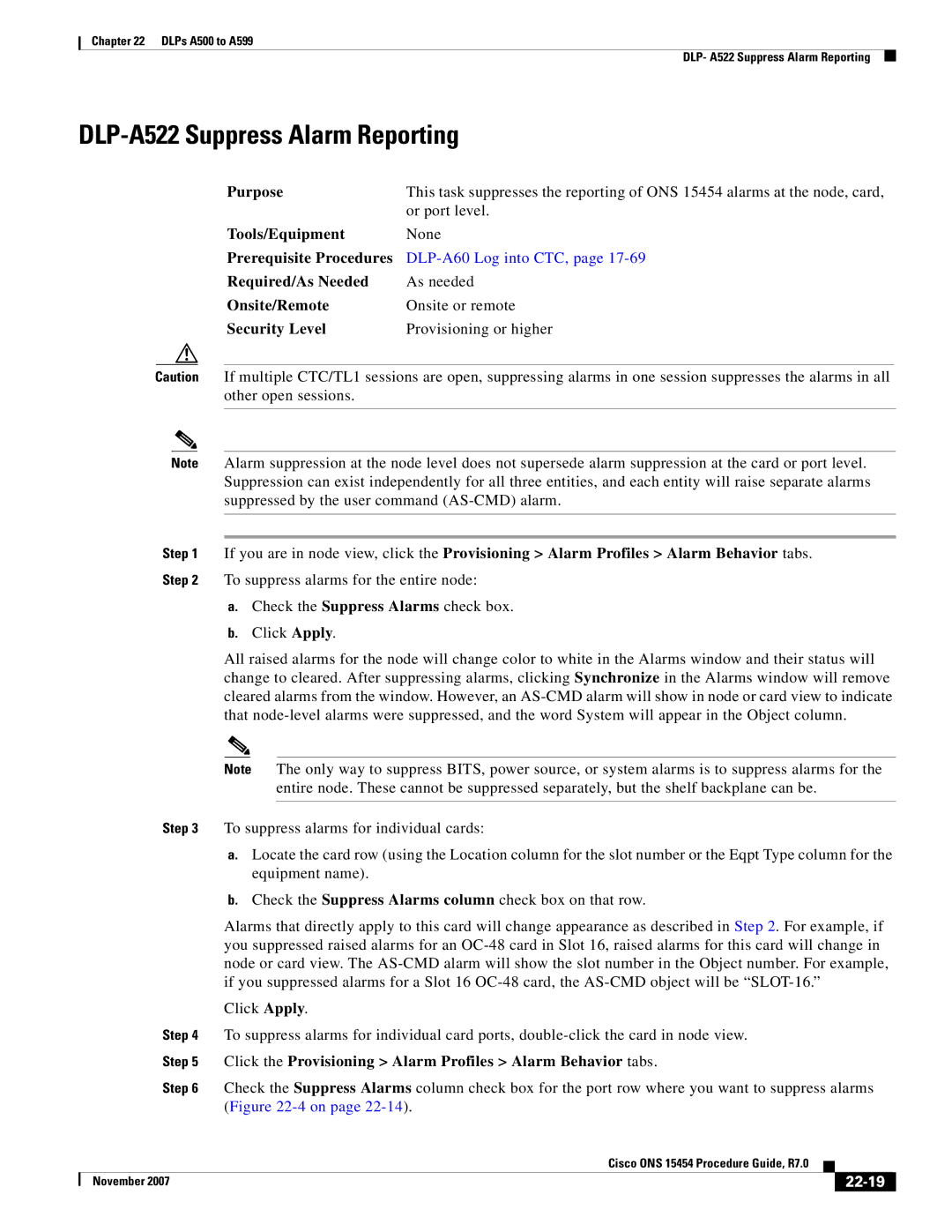 Cisco Systems ONS 15454 manual DLP-A522 Suppress Alarm Reporting, 22-19 