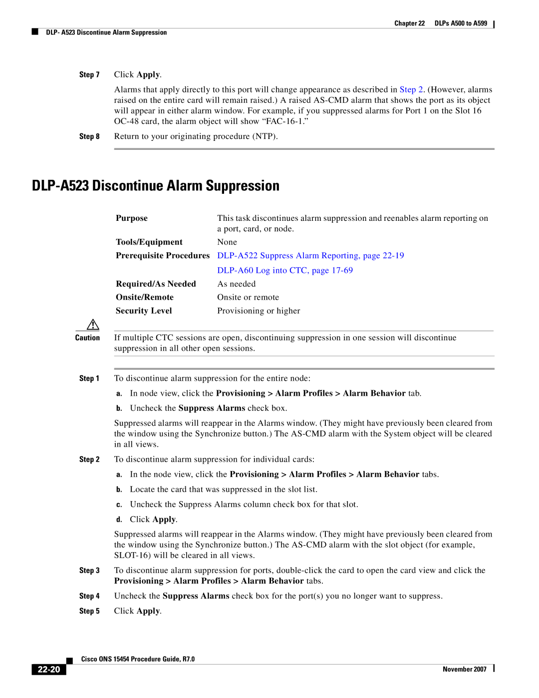 Cisco Systems ONS 15454 manual DLP-A523 Discontinue Alarm Suppression, 22-20 