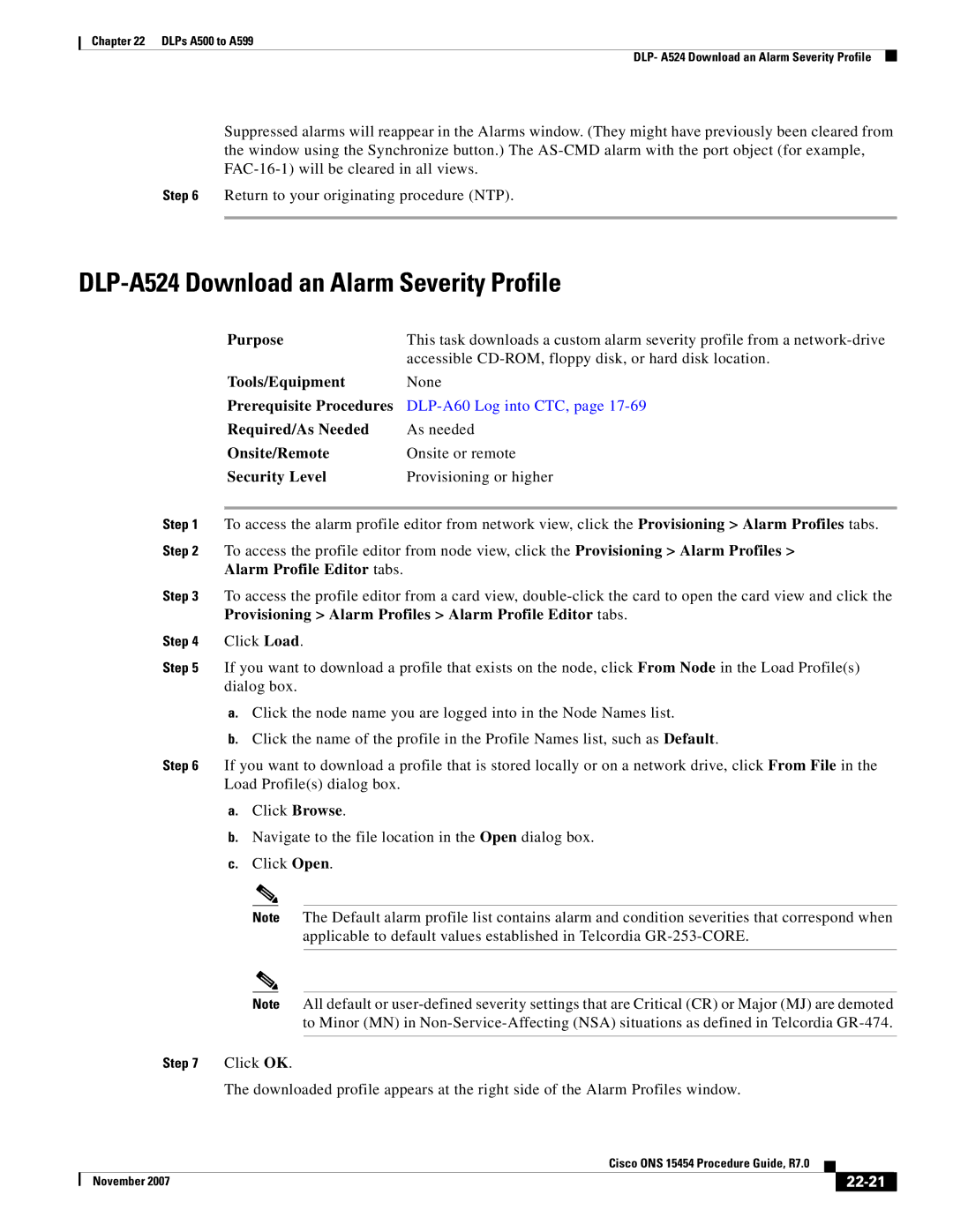 Cisco Systems ONS 15454 manual DLP-A524 Download an Alarm Severity Profile, 22-21 