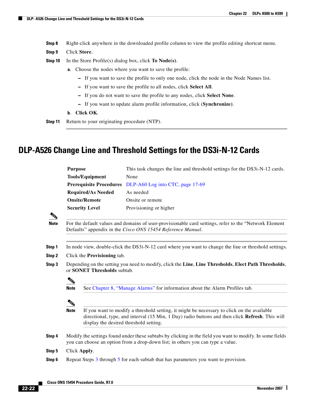 Cisco Systems ONS 15454 manual Click OK, Or Sonet Thresholds subtab, 22-22 