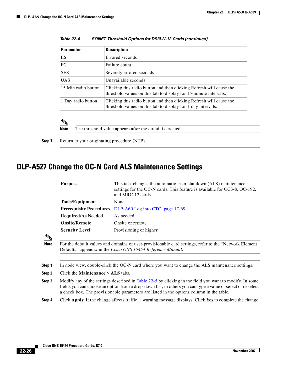 Cisco Systems ONS 15454 manual DLP-A527 Change the OC-N Card ALS Maintenance Settings, 22-26 