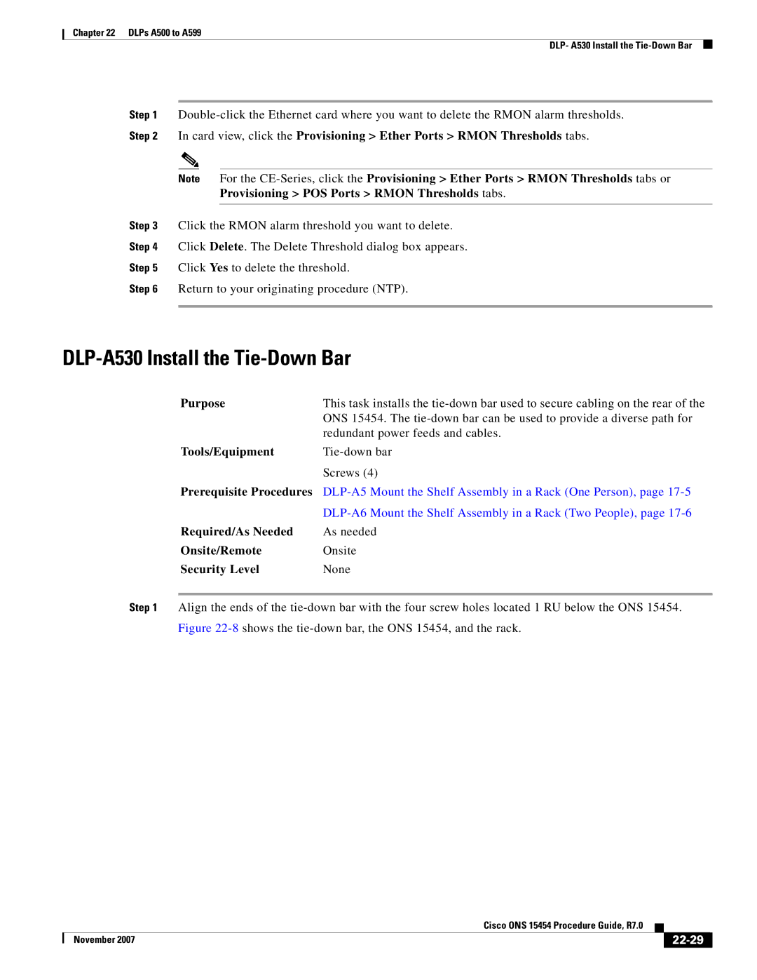 Cisco Systems ONS 15454 manual DLP-A530 Install the Tie-Down Bar, 22-29 