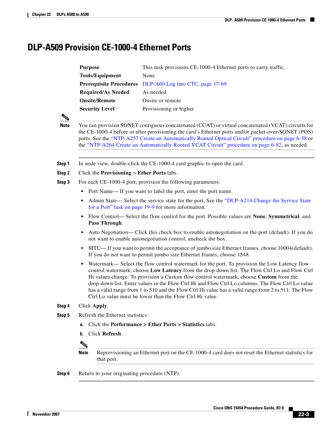 Cisco Systems ONS 15454 manual DLP-A509 Provision CE-1000-4 Ethernet Ports, Click the Provisioning Ether Ports tabs, 22-3 